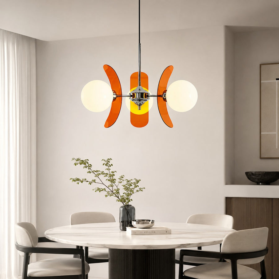 Lumiris lustre suspendu design floral orange et chrome avec 3 globes lumineux, idéal pour salon ou chambre.