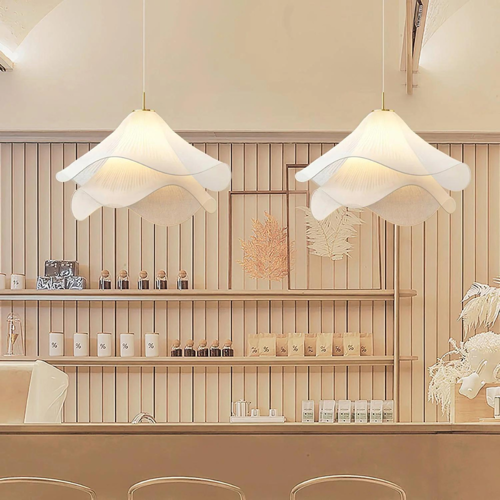 Suspension Japandi Tissu Ondulé — LED Blanc Doux