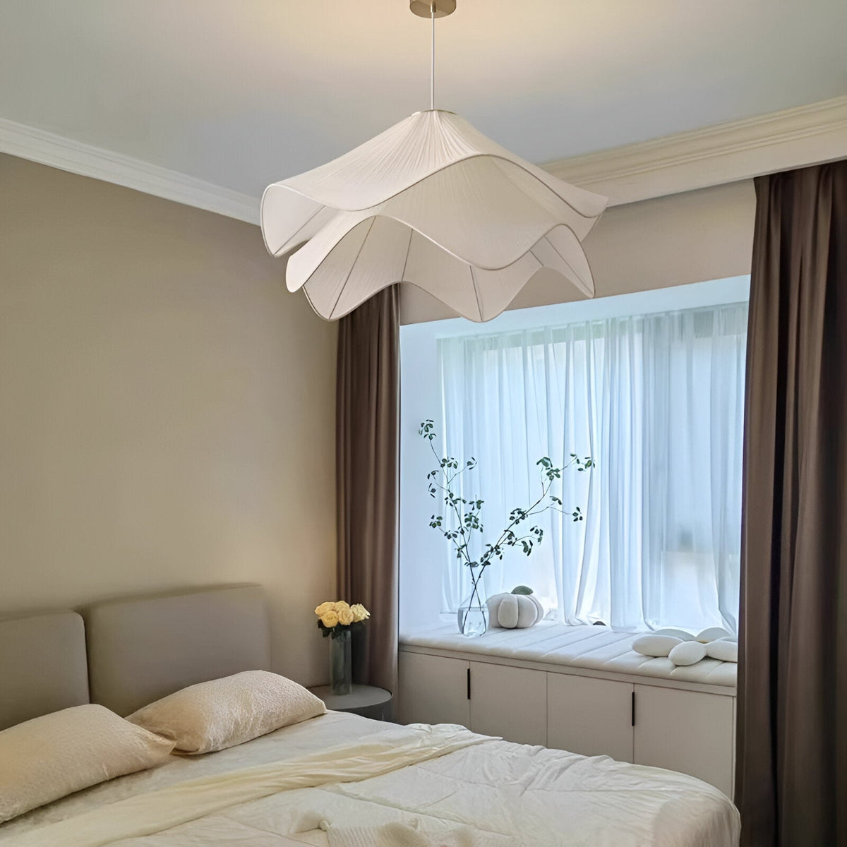 Suspension Japandi Tissu Ondulé — LED Blanc Doux
