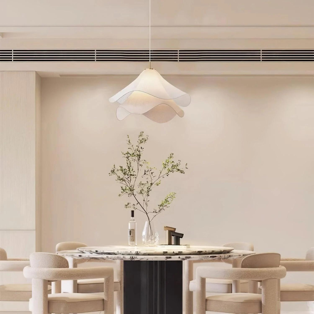 Suspension Japandi Tissu Ondulé — LED Blanc Doux