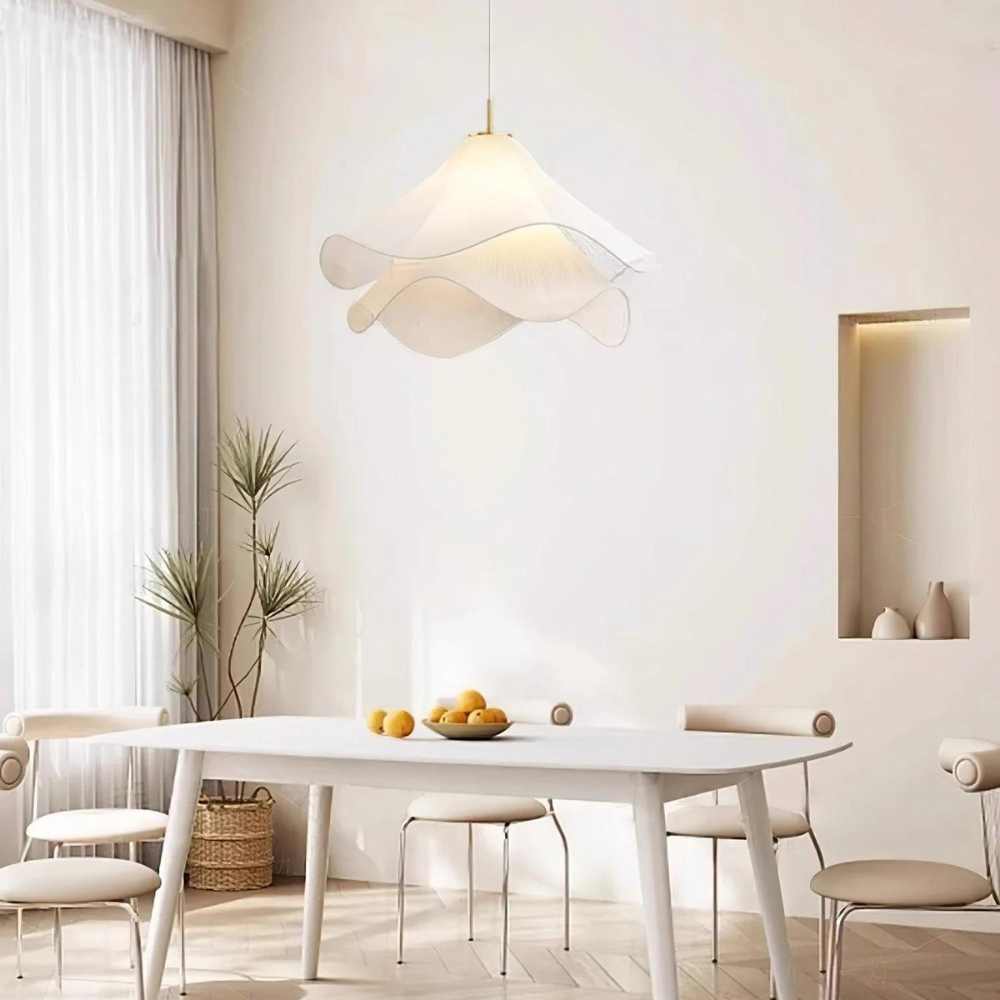 Suspension Japandi Tissu Ondulé — LED Blanc Doux