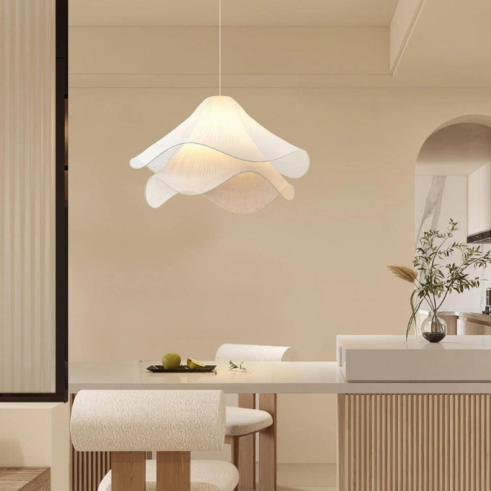Suspension Japandi Tissu Ondulé — LED Blanc Doux