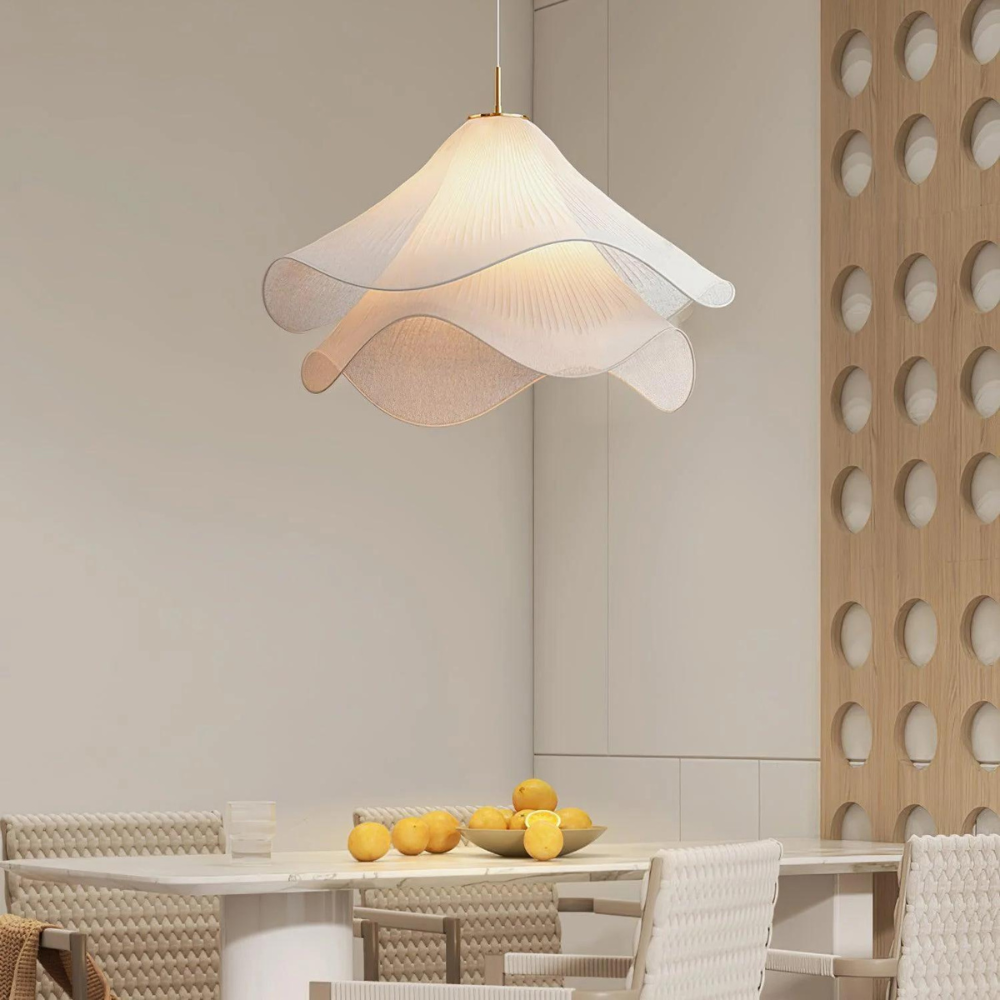 Suspension Japandi Tissu Ondulé — LED Blanc Doux