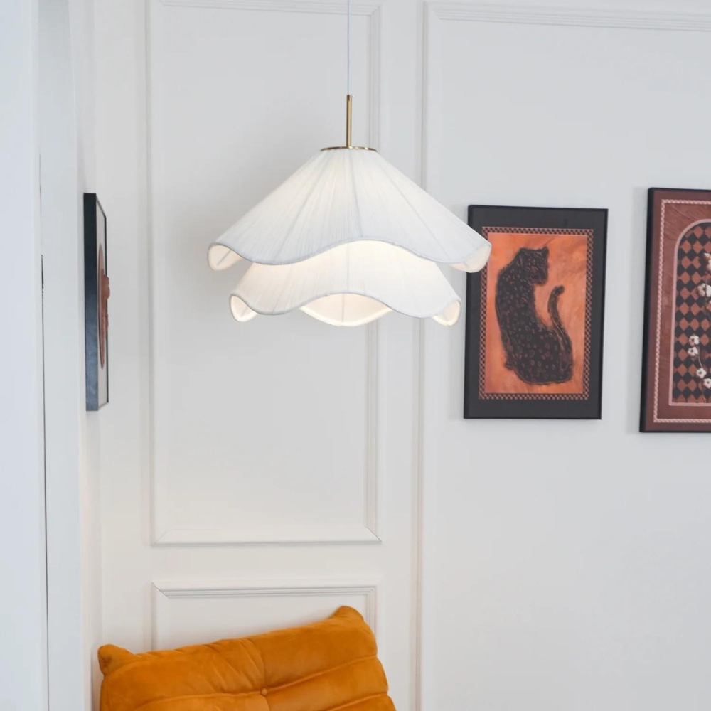 Suspension Japandi Tissu Ondulé — LED Blanc Doux