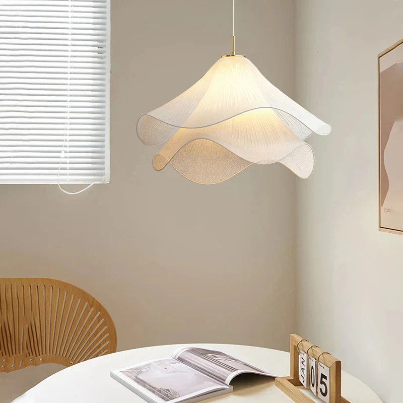 Suspension Japandi Tissu Ondulé — LED Blanc Doux