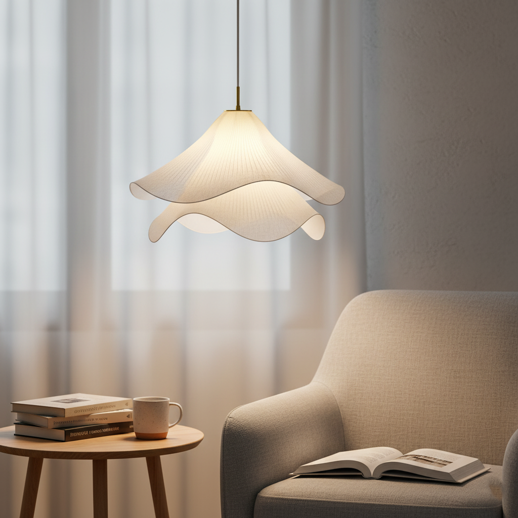 Suspension Japandi Tissu Ondulé — LED Blanc Doux