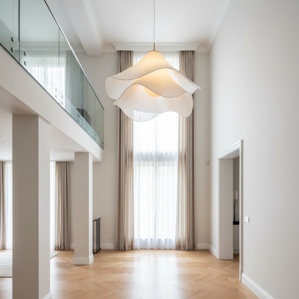 Suspension Japandi Tissu Ondulé — LED Blanc Doux