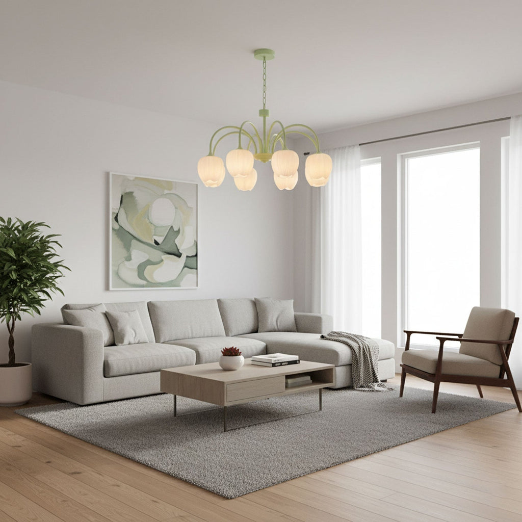 Lustre 5 Branches Floral Verre — Structure Inox