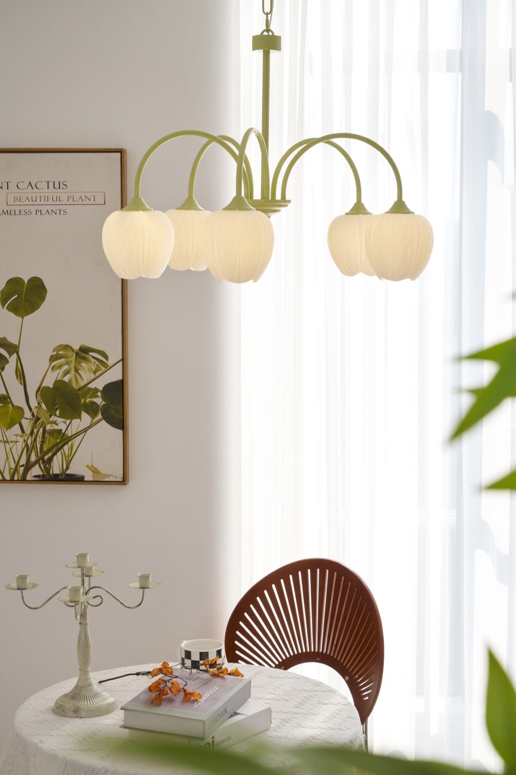 Lustre 5 Branches Floral Verre — Structure Inox