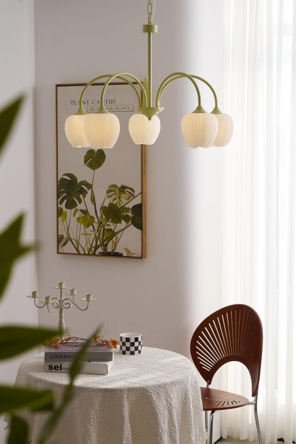Lustre 5 Branches Floral Verre — Structure Inox