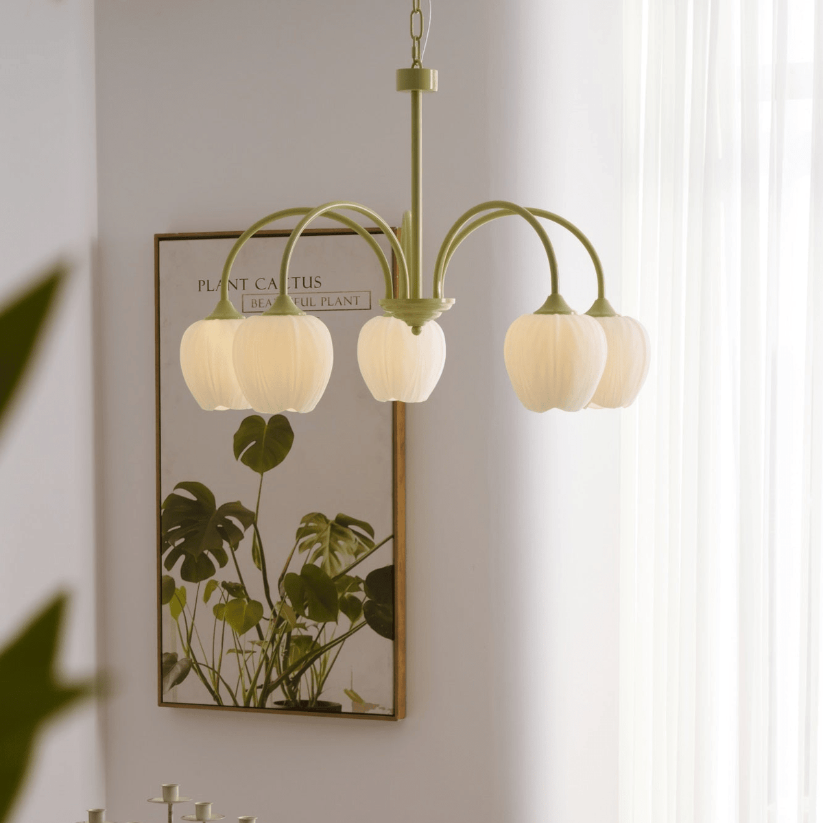 Lustre 5 Branches Floral Verre — Structure Inox