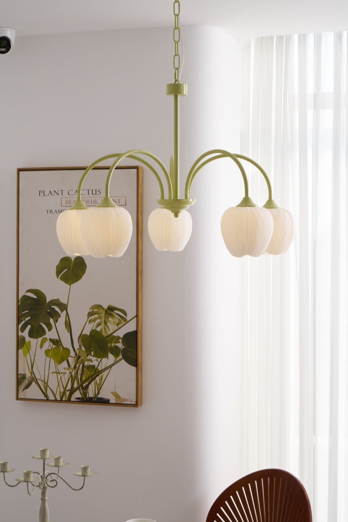 Lustre 5 Branches Floral Verre — Structure Inox