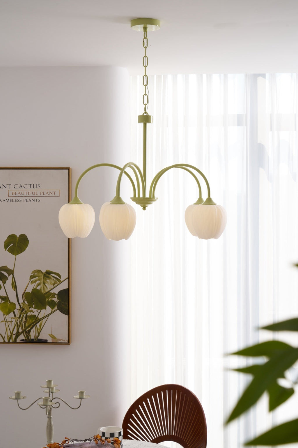 Lustre 5 Branches Floral Verre — Structure Inox