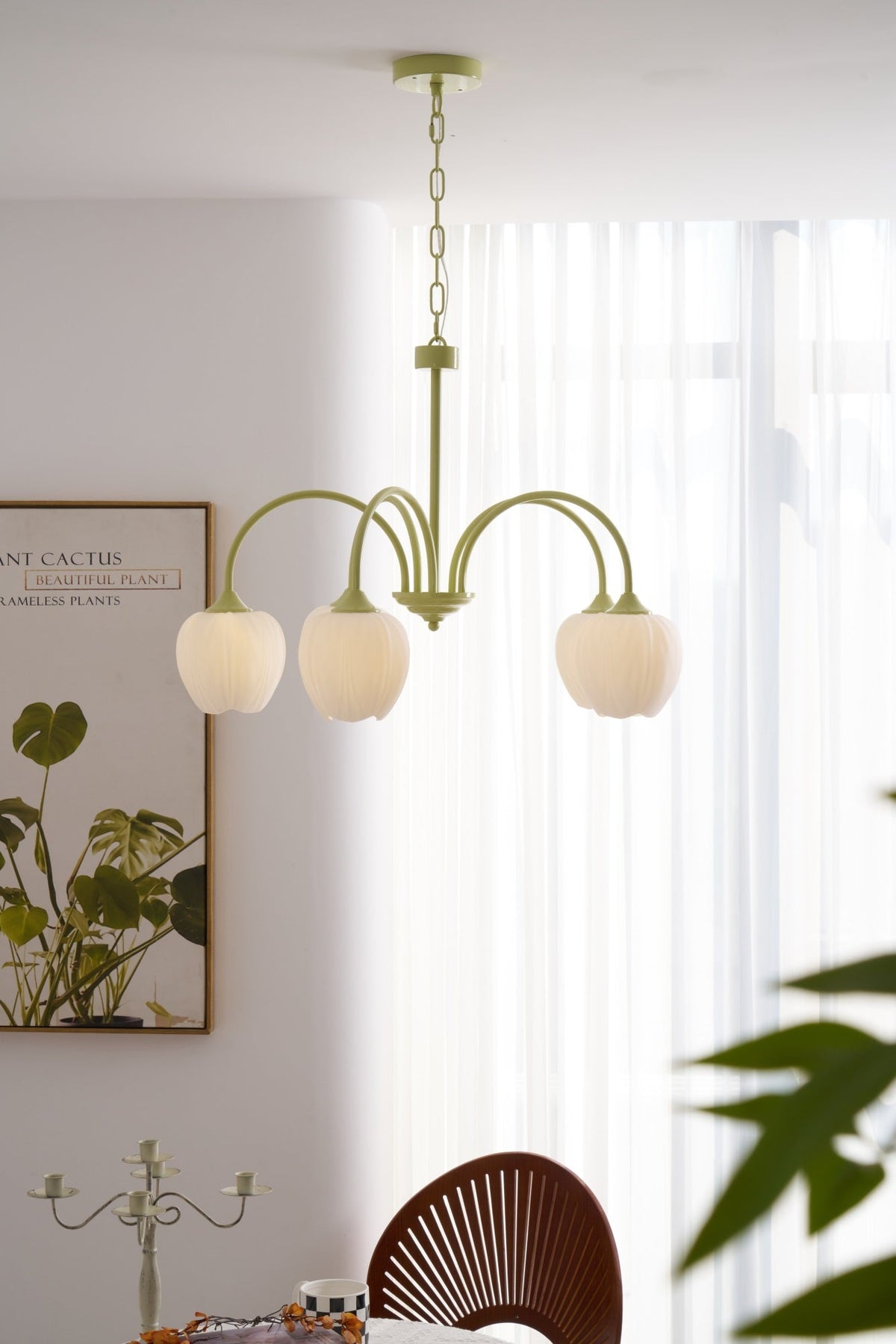 Lustre 5 Branches Floral Verre — Structure Inox