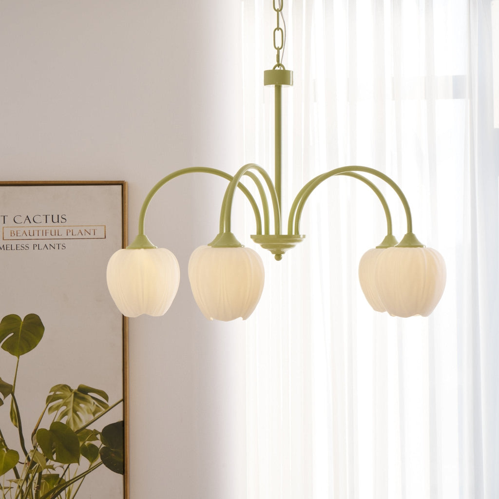 Lustre 5 Branches Floral Verre — Structure Inox