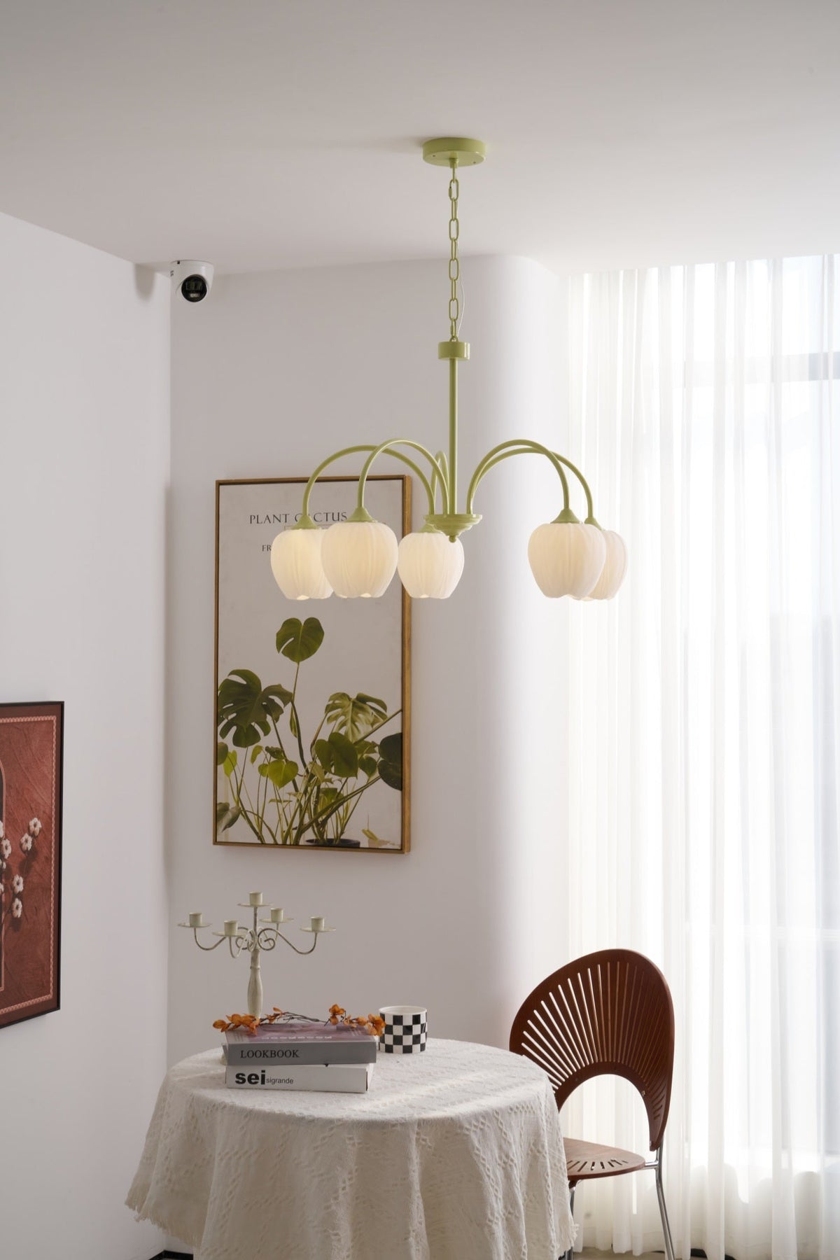 Lustre 5 Branches Floral Verre — Structure Inox