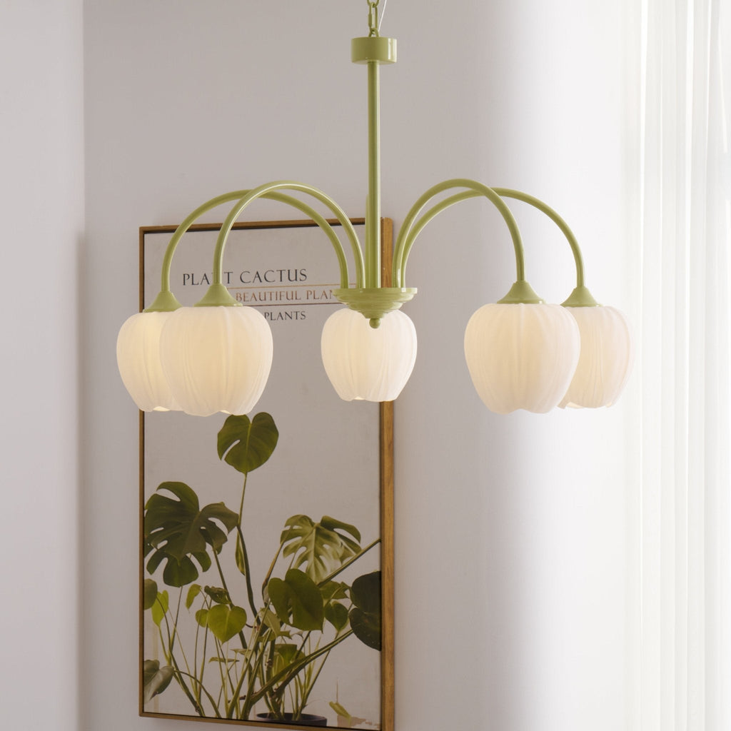 Lustre 5 Branches Floral Verre — Structure Inox
