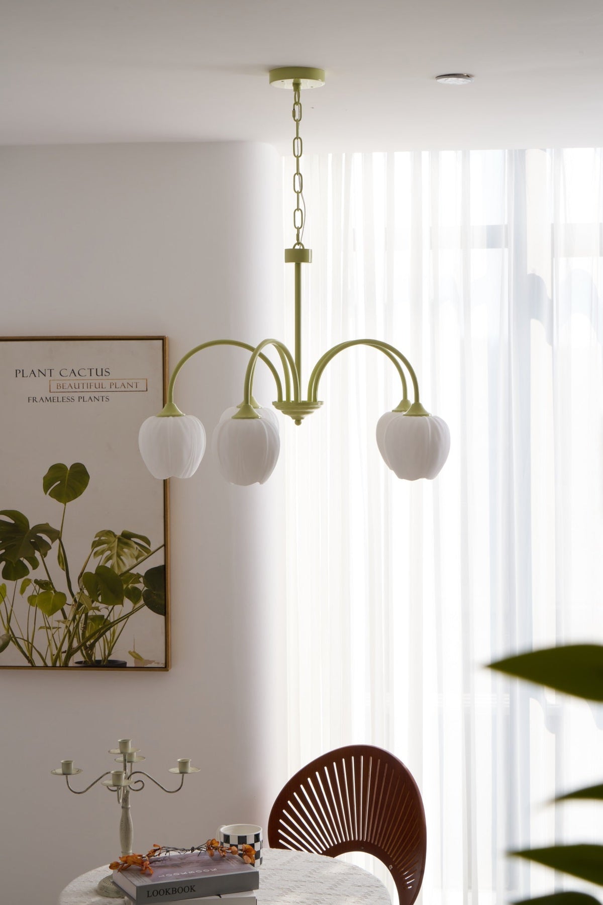 Lustre 5 Branches Floral Verre — Structure Inox