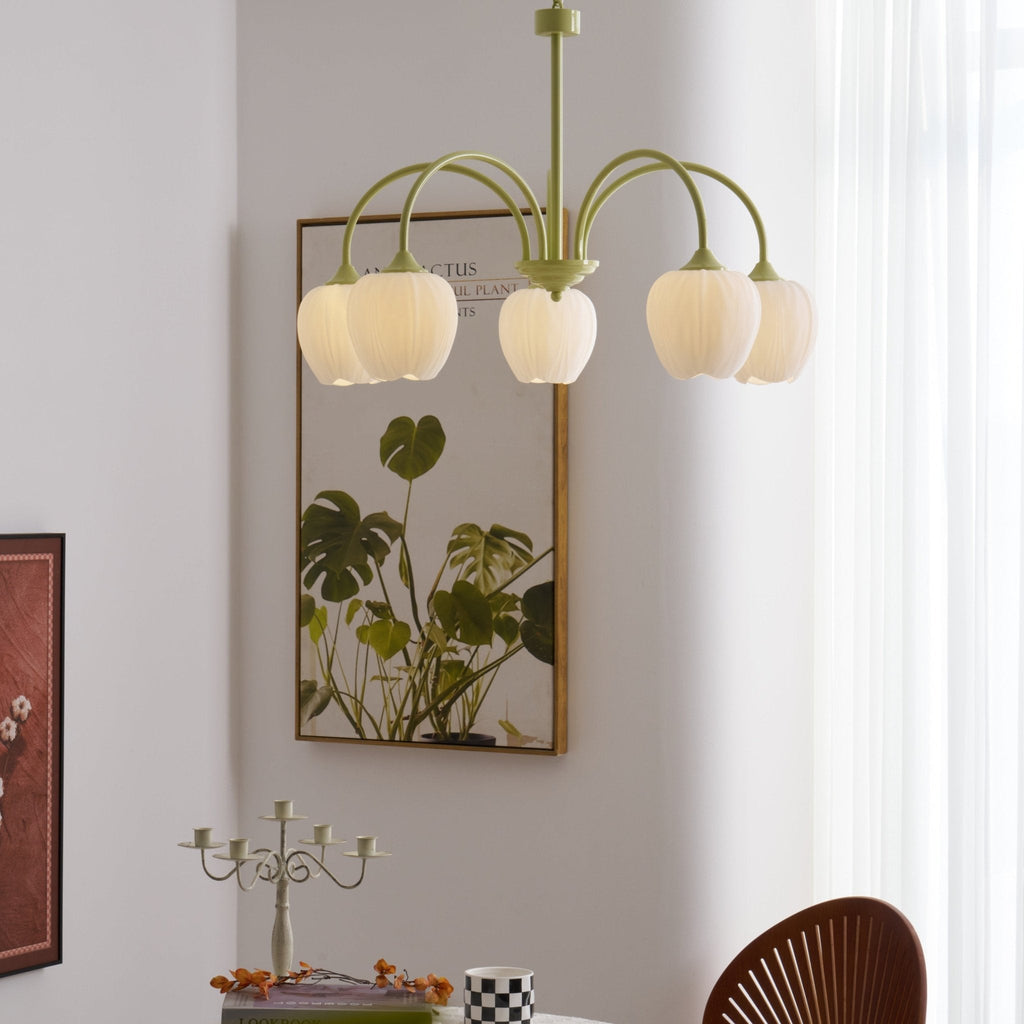 Lustre 5 Branches Floral Verre — Structure Inox