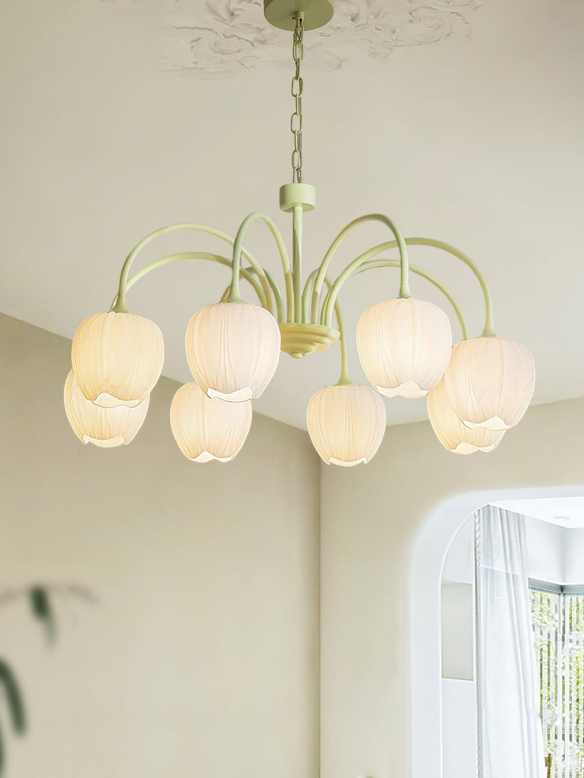 Lustre 5 Branches Floral Verre — Structure Inox