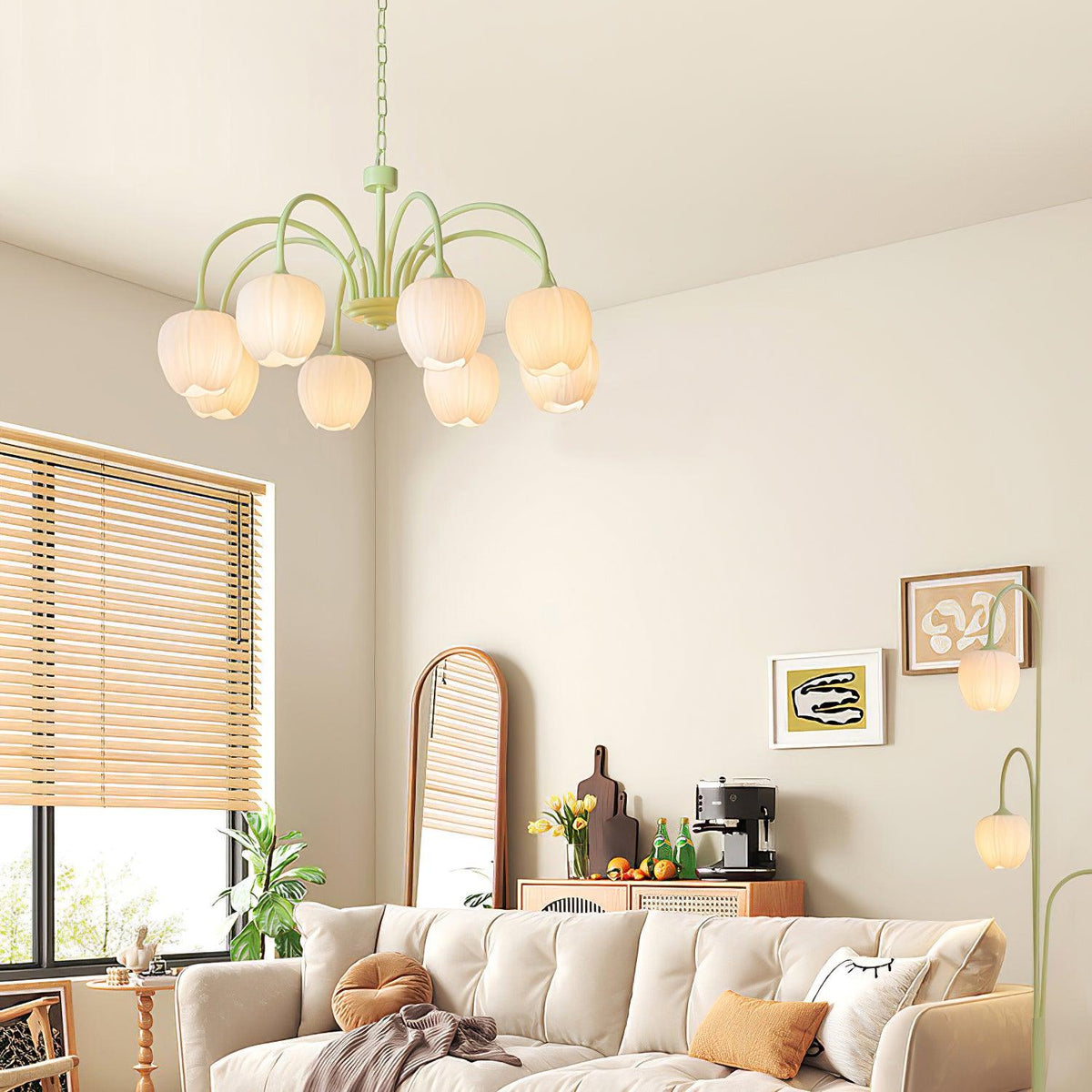 Lustre 5 Branches Floral Verre — Structure Inox
