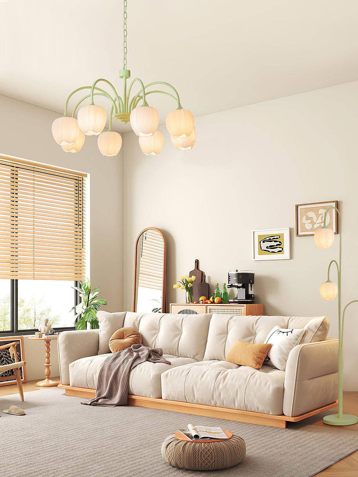Lustre 5 Branches Floral Verre — Structure Inox