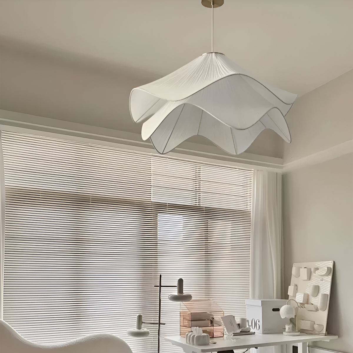 Suspension Japandi Tissu Ondulé — LED Blanc Doux
