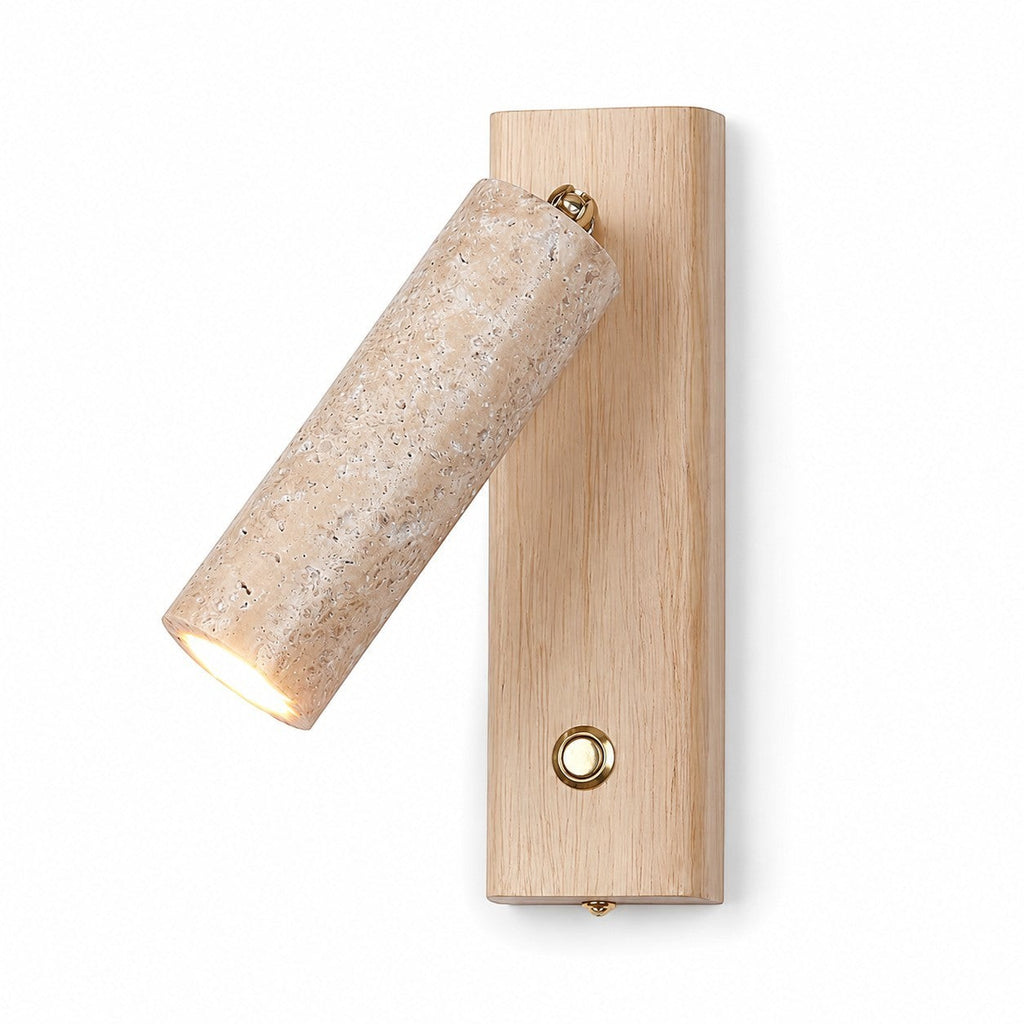 Lumiris applique murale cylindrique en travertin jaune et bois de noyer, éclairage LED réglable.