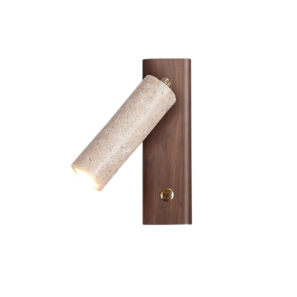 Lumiris applique murale cylindrique en travertin jaune et bois de noyer, éclairage LED réglable.