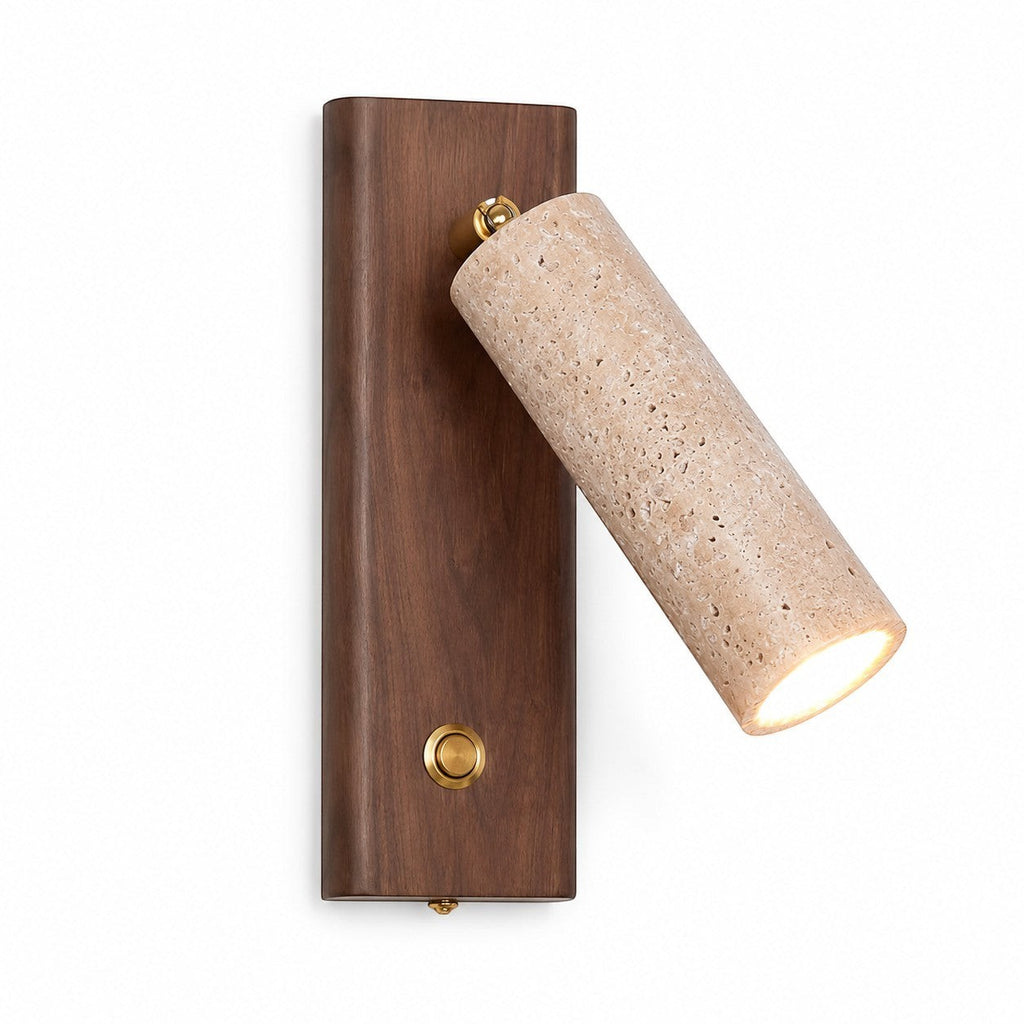 Lumiris applique murale cylindrique en travertin jaune et bois de noyer, éclairage LED réglable.
