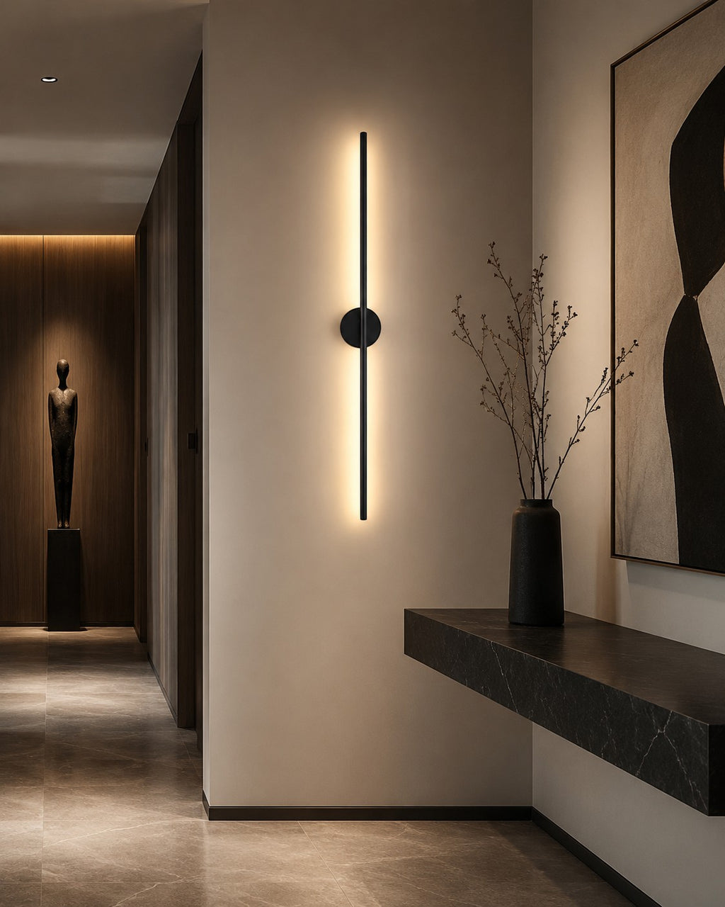 Lumiris applique murale design en acrylique noir et métal, éclairage LED moderne pour couloir ou chambre.