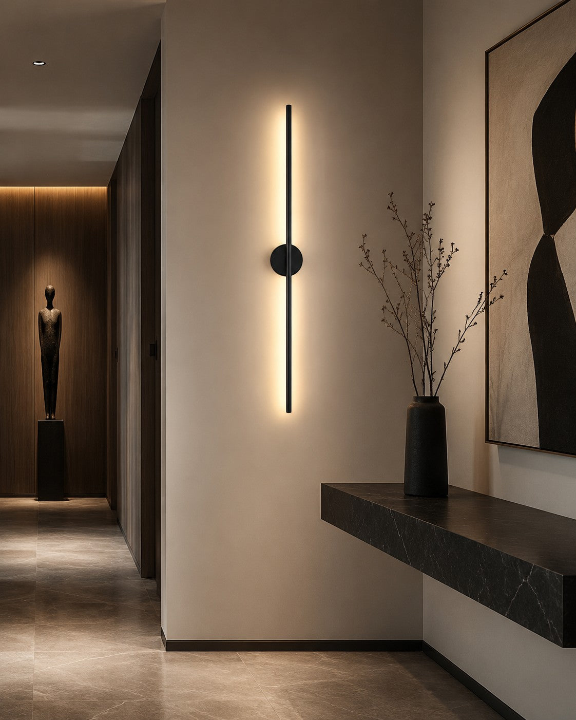 Lumiris applique murale design en acrylique noir et métal, éclairage LED moderne pour couloir ou chambre.