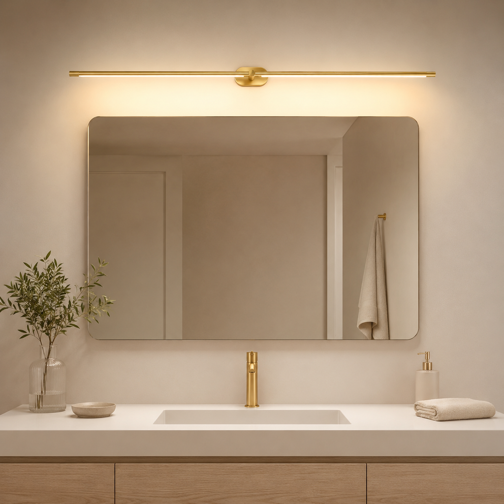 Lumiris applique murale dorée rechargeable, design moderne, éclairage tactile, idéale pour salle de bain.