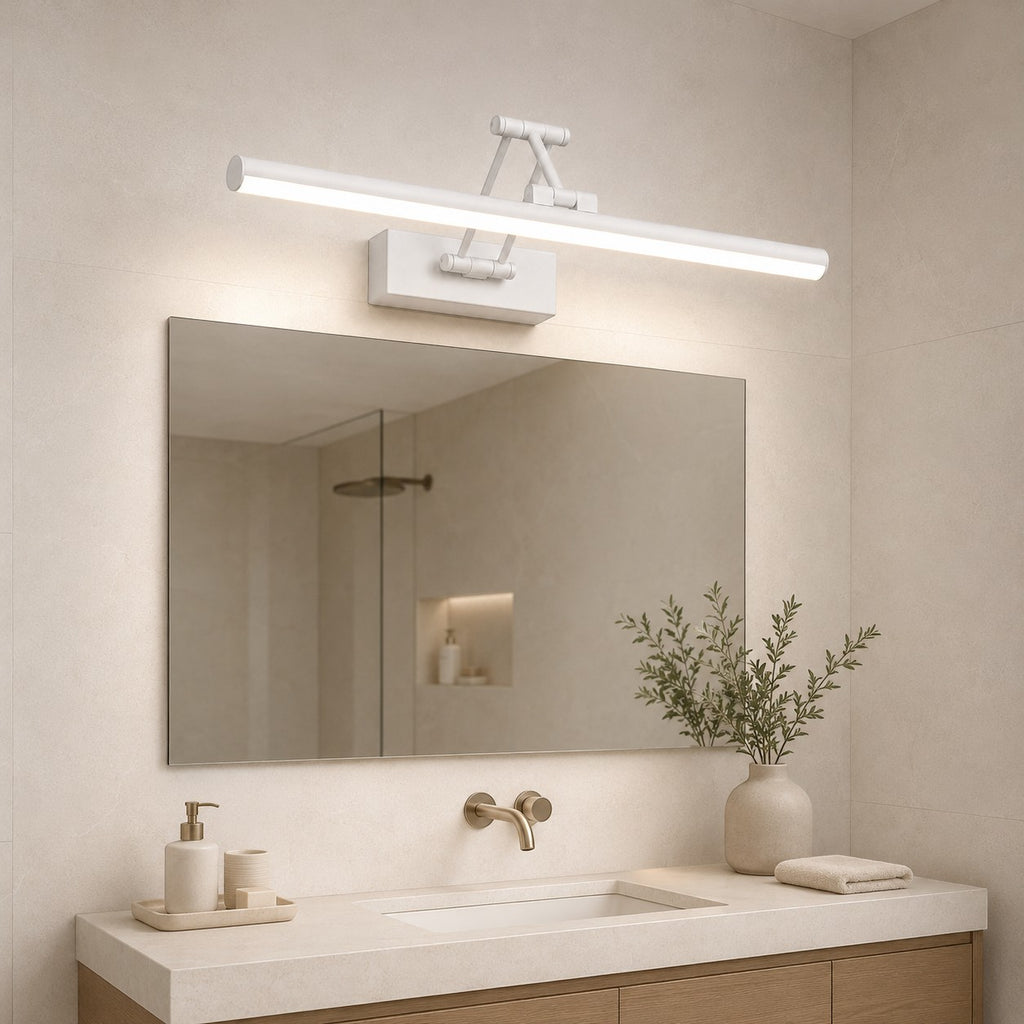 Lumiris applique murale linéaire en métal blanc réglable avec éclairage LED froid, idéale pour salle de bain.