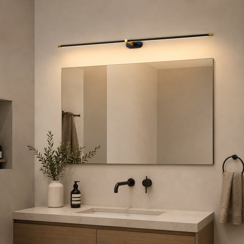 Applique murale Lumiris rechargeable au design moderne, noir et doré, éclairage LED chaud, idéale pour salle de bain.