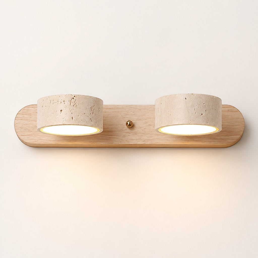 Lumiris applique murale en travertin beige et bois clair, design minimaliste, éclairage intérieur, 2 cylindres lumineux.