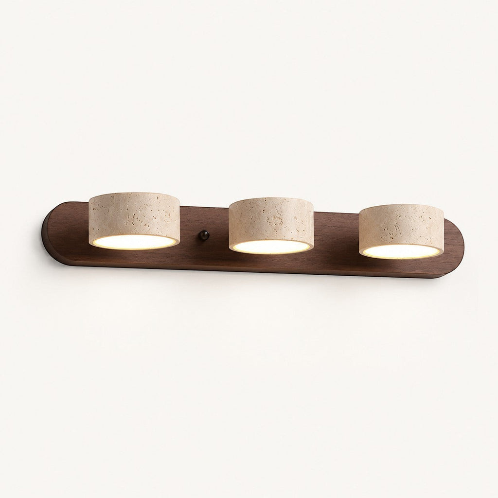 Lumiris applique murale en travertin beige et bois foncé, design minimaliste, 3 lumières cylindriques.