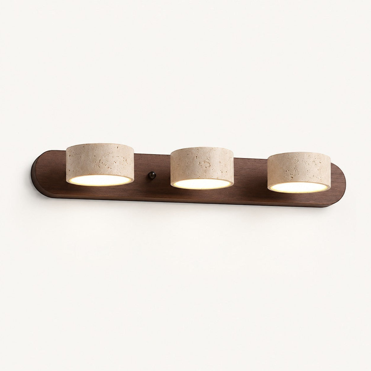 Lumiris applique murale en travertin beige et bois foncé, design minimaliste, 3 lumières cylindriques.