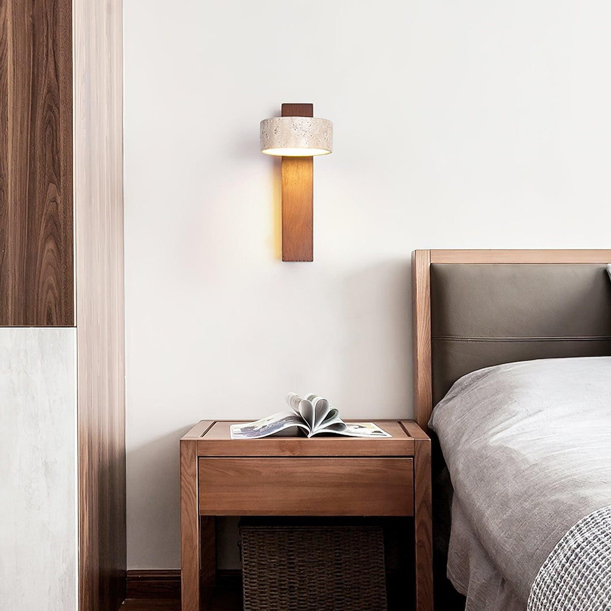 Lumiris applique murale en travertin et bois, éclairage design naturel pour chambre