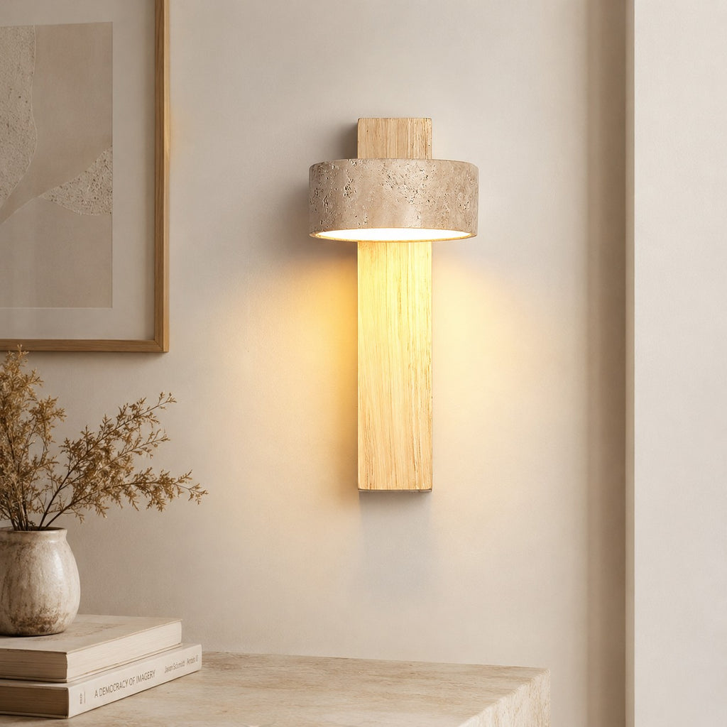 Lumiris applique murale en travertin et bois, design naturel, éclairage chaud 3000K.