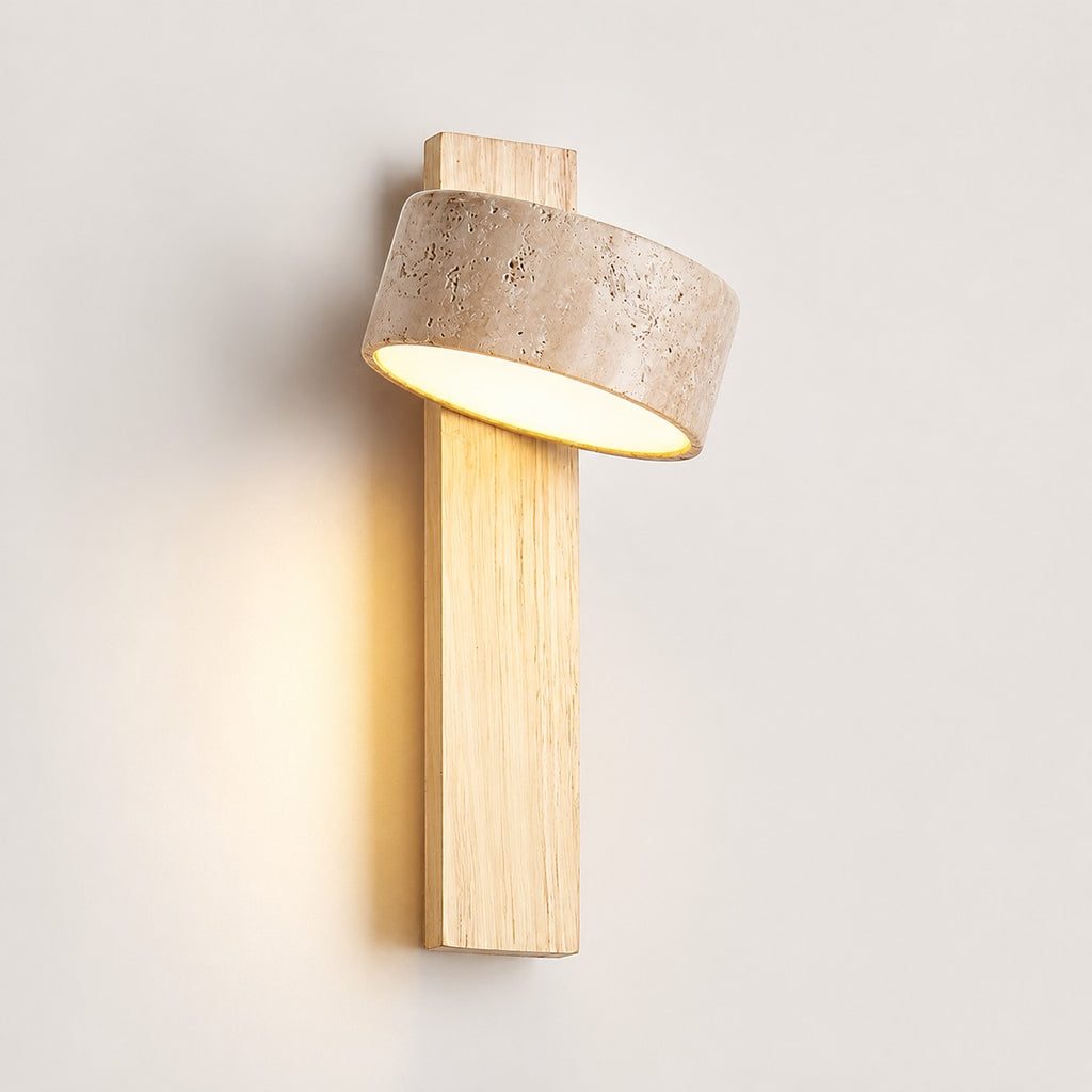 Lumiris applique murale en travertin et bois, design naturel, éclairage chaud 3000K.