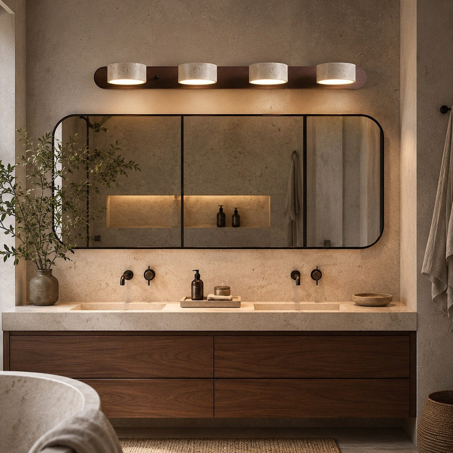 Lumiris applique murale en travertin et bois, éclairage intérieur minimaliste pour salle de bain.