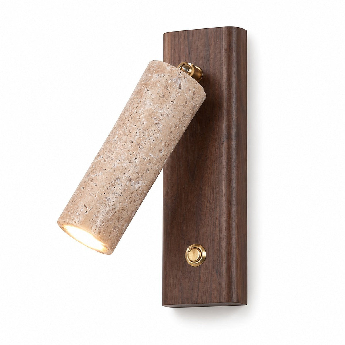 Lumiris Applique murale cylindrique en travertin jaune et bois de noyer, éclairage LED réglable, design moderne.