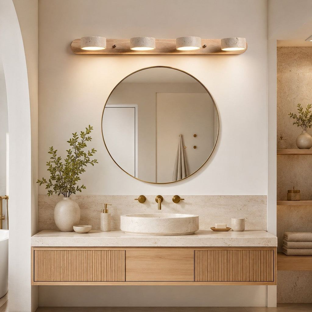 Lumiris applique murale en travertin avec 4 lumières, design minimaliste, éclairage de salle de bain.