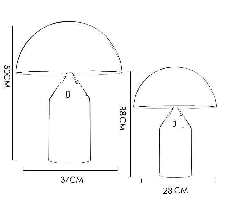 Lampe de table champignon Lumiris en métal, design moderne, disponible en noir, blanc et or. Dimensions 50cm et 38cm.