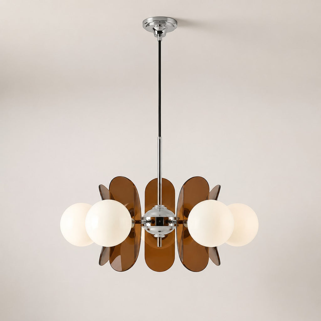 Lumiris lustre suspendu design floral en métal brun et chrome avec globes blancs, idéal pour salon ou chambre.