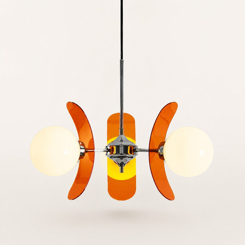 Lumiris lustre suspendu design floral orange et chrome, 2 globes lumineux, métal et acrylique.