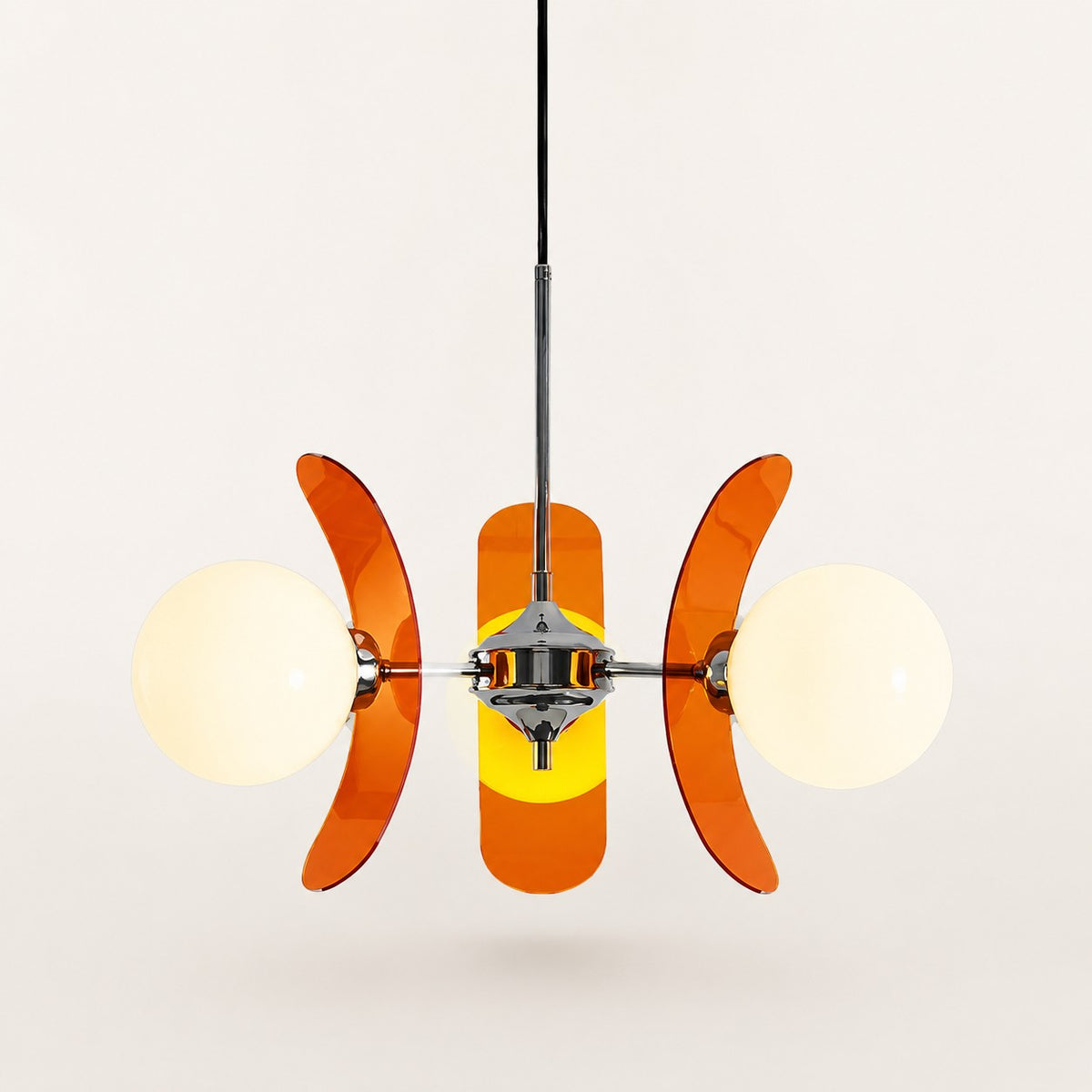 Lumiris lustre suspendu design floral orange et chrome, 2 globes lumineux, métal et acrylique.