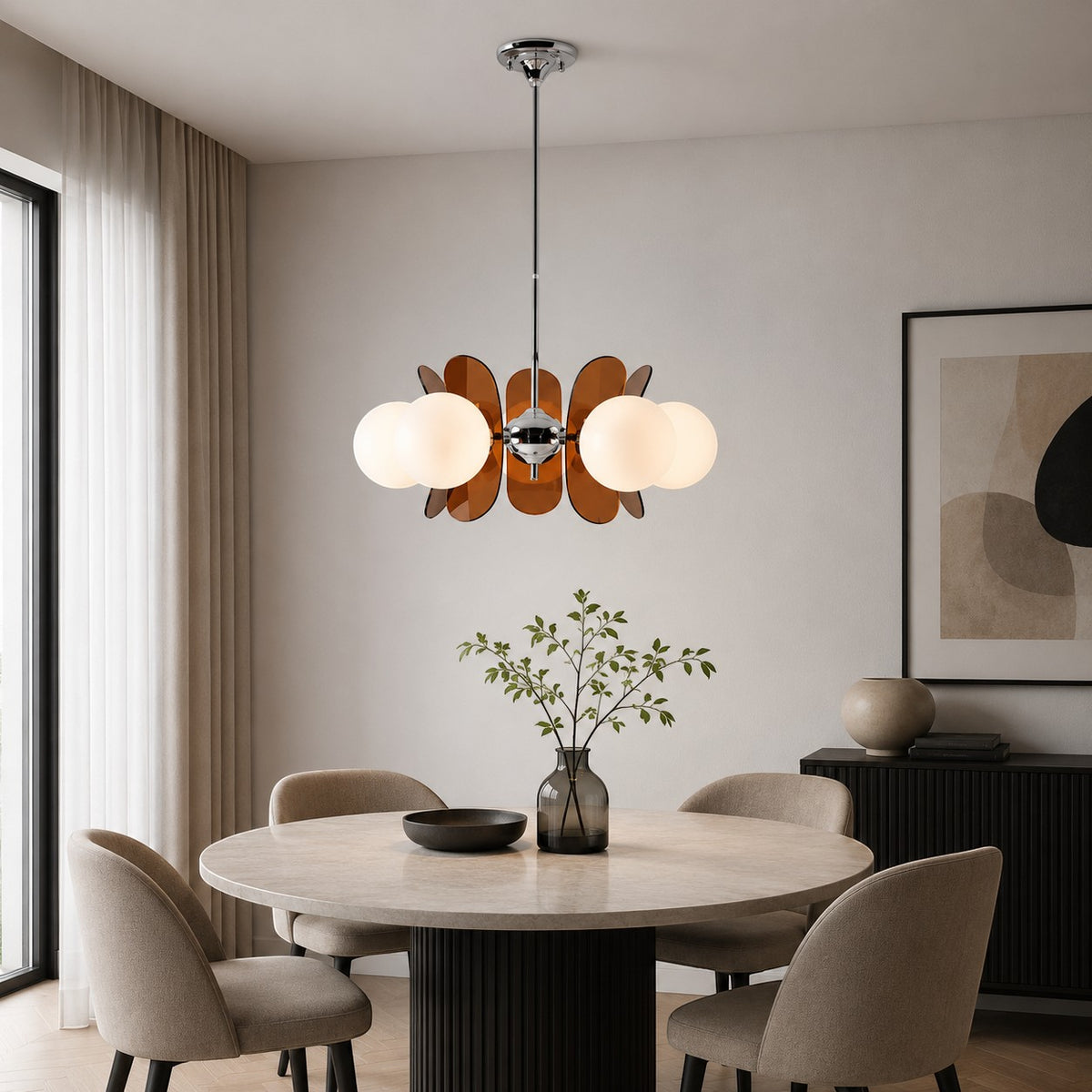 Lumiris lustre suspendu design floral en métal brun et chrome avec globes blancs, idéal pour salon ou salle à manger.