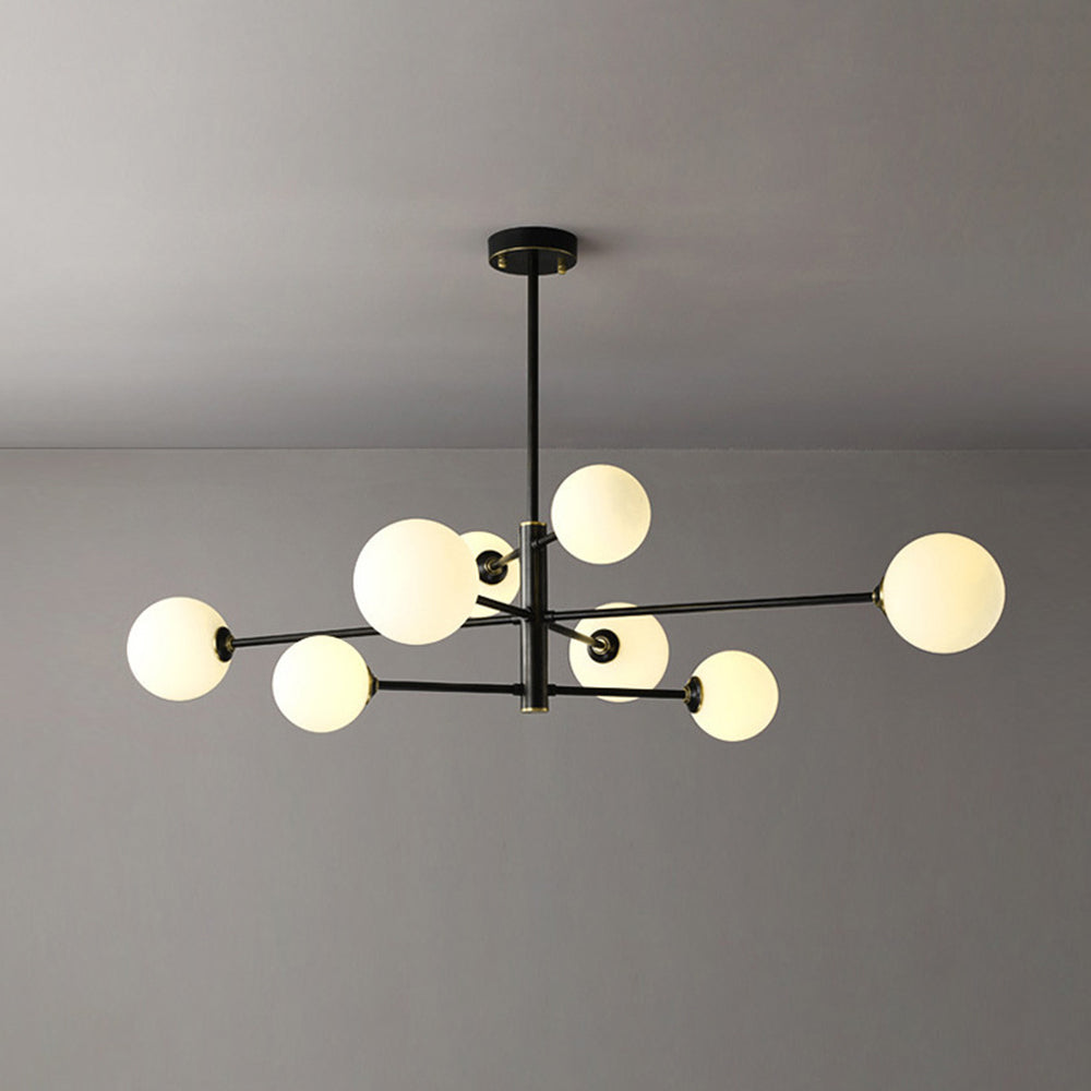 Lumiris Lustre moderne en cuivre et verre, 8 globes blancs sphériques, design symétrique, idéal pour salon ou bureau.